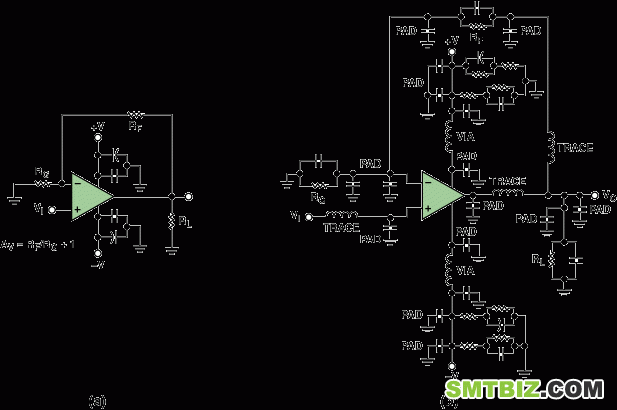 图3. 典型的运算放大器电路，（a）原设计图，（b）考虑寄生效应后的图。